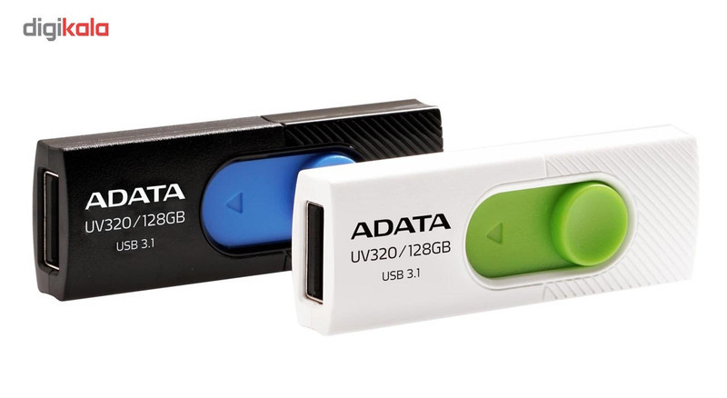 فلش مموری ای دیتا مدل UV320 ظرفیت 128 گیگابایت با درگاه USB 3.1 کشویی و سازگار با ویندوز، مک و لینوکس، انتقال داده با سرعت 10 گیگابیت بر ثانیه و طراحی جمع‌وجور