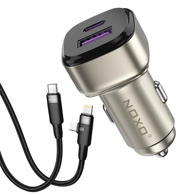 شارژر فندکی 55 وات دو پورت نوکسو مدل CCN‑P‑5 به‌همراه کابل USB-C  لایتنینگ