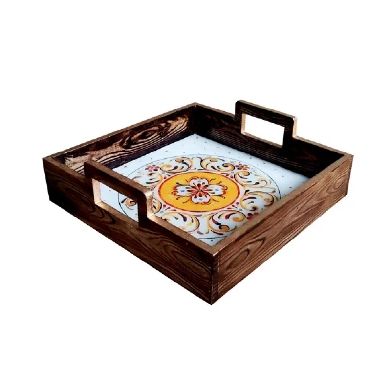 سینی دسته دار مدل چوبی رزین کد 2210 سایز 25*25 سانتی متر