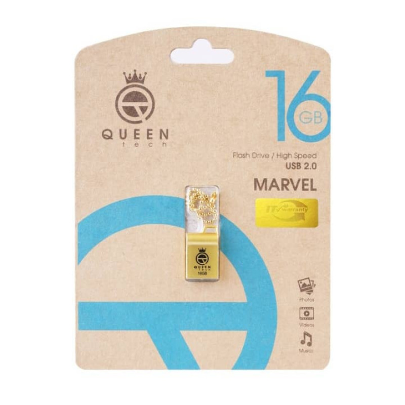 فلش مموری کوئین تک مدل G.MARVEL ظرفیت 16 گیگابایت، بدنه فلزی ضد آب و ضد شوک، طراحی بند انگشتی با آویز، رابط USB 2.0، سازگار با کامپیوتر، لپ‌تاپ، تبلت و گوشی، سرعت انتقال 30 مگابایت بر ثانیه