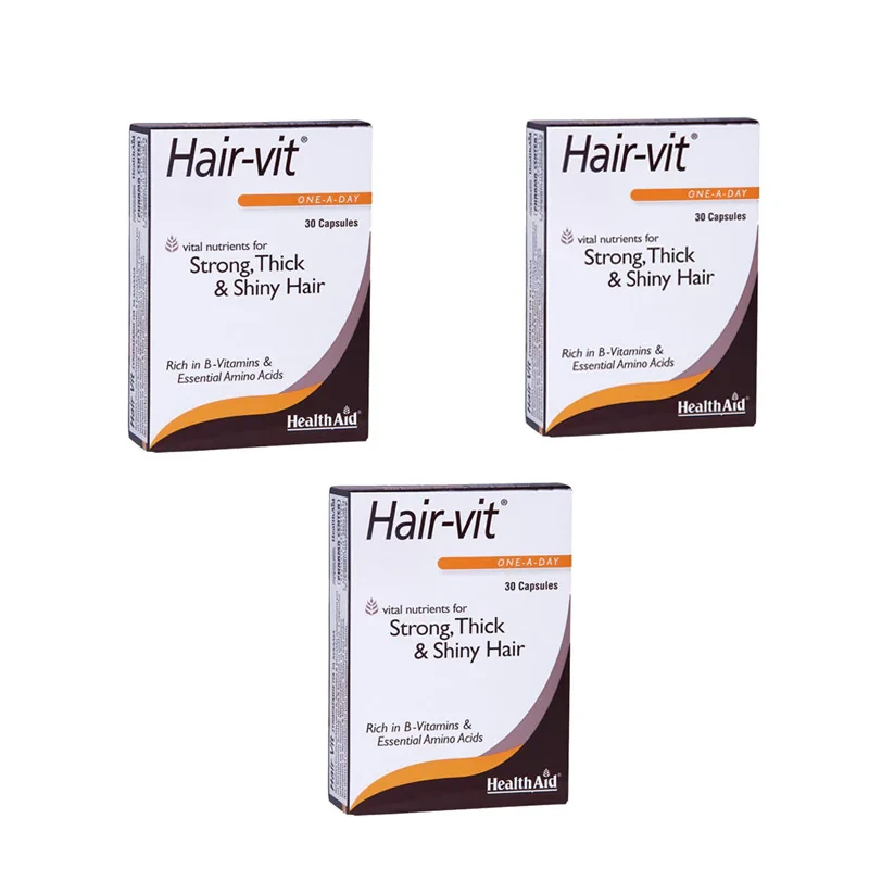 قرص تقویت مو هلث اید مدل Hair-vit بسته سه‌تایی 30 عددی، حاوی ویتامین‌های گروه B و آمینواسیدهای ضروری برای استحکام، ضخامت و درخشندگی مو، مناسب بزرگسالان و افراد بالای 16 سال