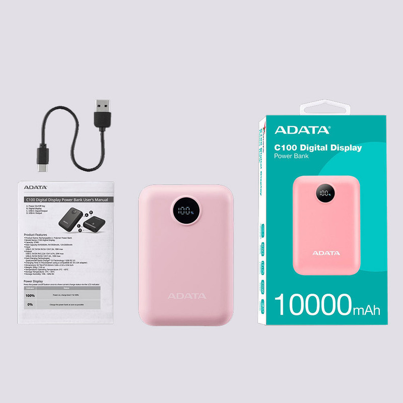 پاوربانک 20 وات ای دیتا مدل C100 Digital Display ظرفیت 10000 میلی‌آمپرساعت