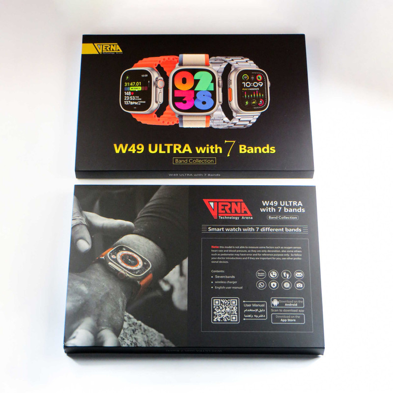 ساعت هوشمند ورنا مدل W49 Ultra with 7 Bands دارای قابلیت های کنترل موسیقی (Music Player)، قابلیت مکالمه از طریق بلوتوث، پشتیبانی از زبان فارسی در منو و سیستم‌عامل بند سیلیکون