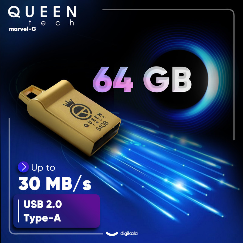 فلش مموری کوئین تک Marvel ظرفیت 64 گیگابایت، رابط USB 2.0، بدنه فلزی مقاوم ضد آب و ضد شوک، طراحی فشرده و بند دار، سرعت انتقال 30 مگابایت بر ثانیه، سازگار با کامپیوتر، لپ‌تاپ، تبلت و گوشی موبایل
