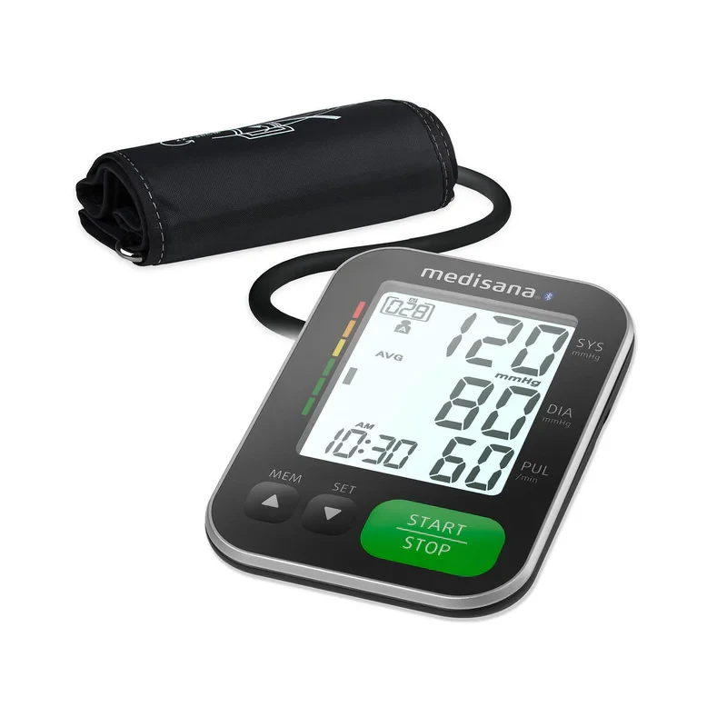 فشارسنج دیجیتال بازویی مدیسانا مدل BU 570B با صفحه نمایش LCD بزرگ و نور پس‌زمینه، حافظه 120 عددی برای 2 کاربر، تشخیص آریتمی، انتقال داده بلوتوث و کاف مناسب بازو 22 تا 42 سانتی‌متر