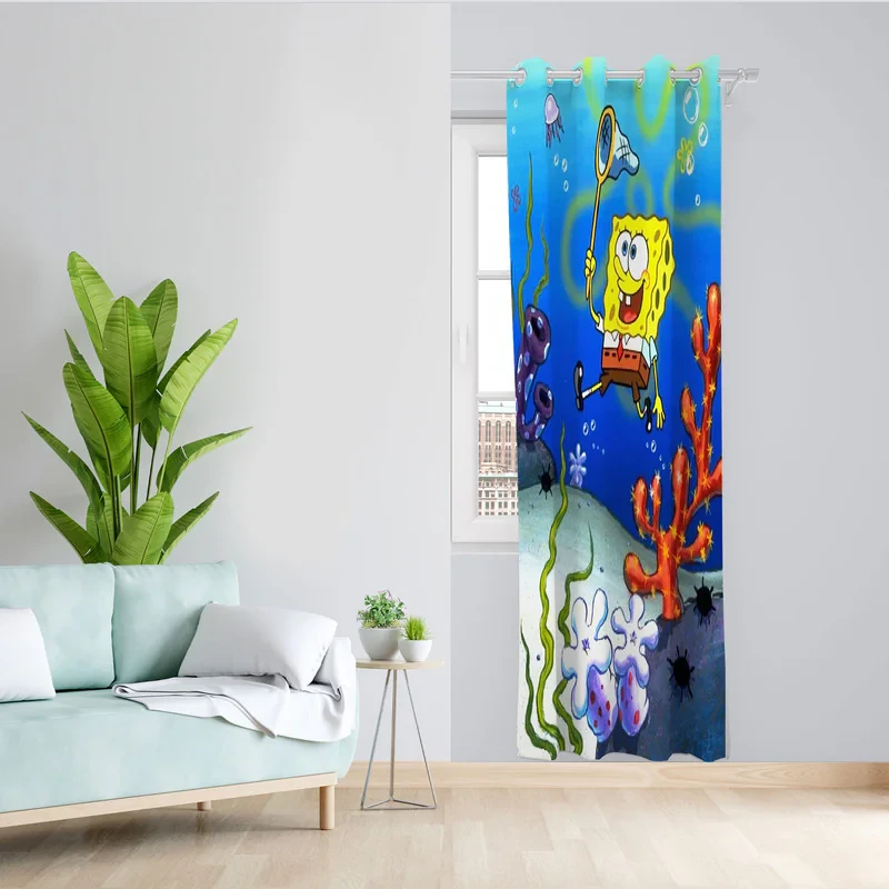 پرده مدل اتاق کودک مخمل پانچی طرح باب اسفنجی کد 4275 سایز 140x280 سانتی متر