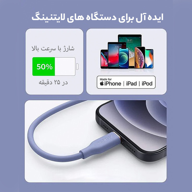 کابل تبدیل USB-C به لایتنینگ انکر مدل Power Line III Flow A8662 طول 0.9 متر