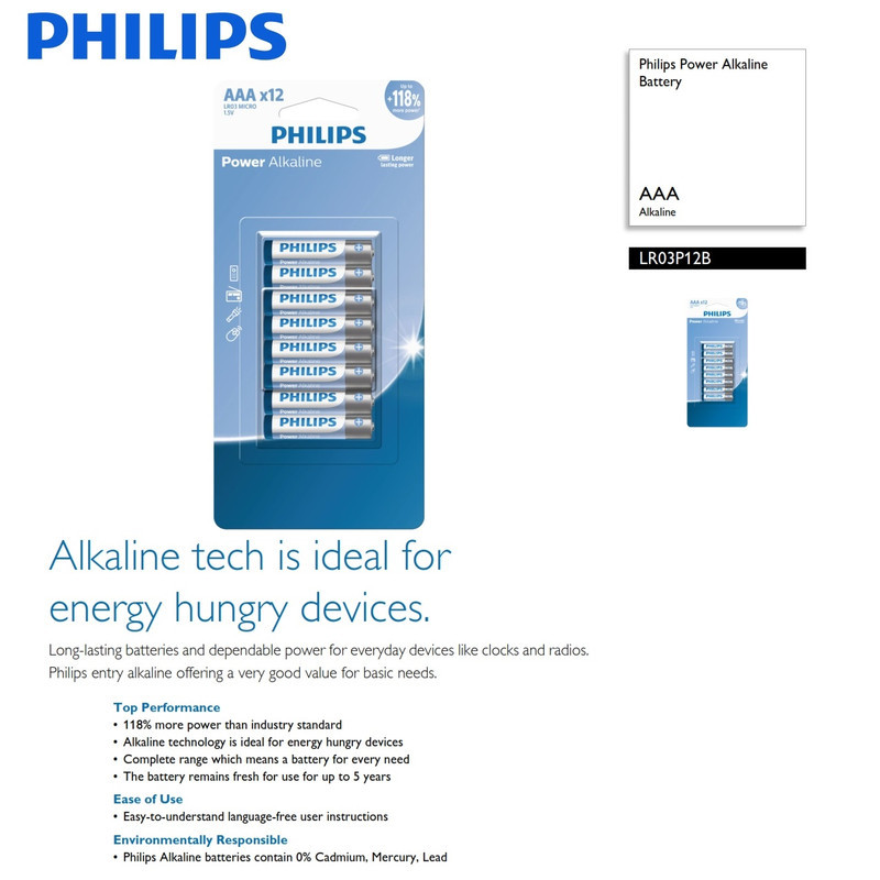 باتری نیم قلمی فیلیپس مدل Power Alkaline بسته 12 عددی