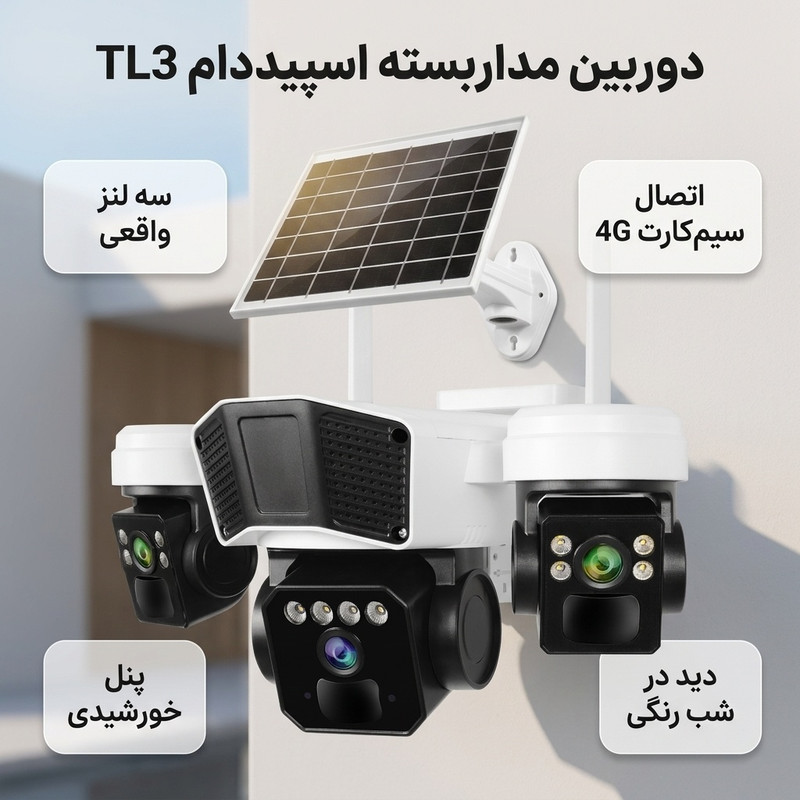 دوربین مداربسته تحت شبکه اسپیددام مدل TL3 با 3 لنز واقعی، اتصال سیم‌کارت 4G، پنل خورشیدی، دید در شب رنگی، تشخیص حرکت و استاندارد IP66 مناسب فضای باز و نصب سقفی و دیواری