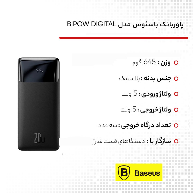 پاوربانک باسئوس مدل BIPOW DIGITAL ظرفیت 30000 میلی آمپر ساعت