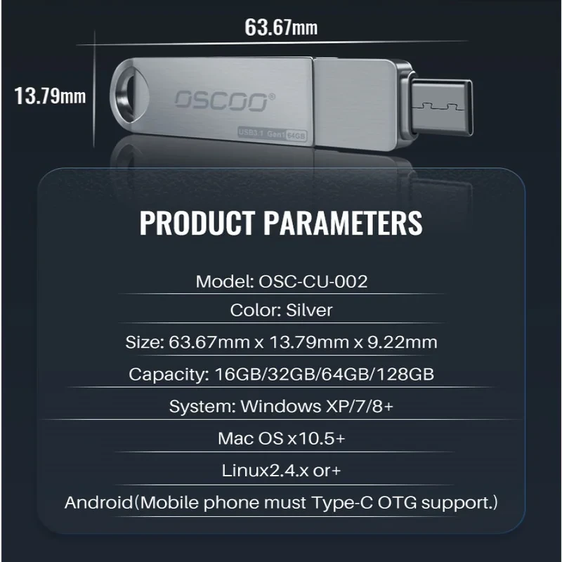 فلش مموری دو سر اتصال اوسکو مدل CU-002 ظرفیت 64 گیگابایت با پورت USB 3.1 و تایپ سی، بدنه فلزی چرخشی 360 درجه، مقاوم در برابر ضربه، شوک و گرد و غبار، سازگار با ویندوز، اندروید، مک و لینوکس