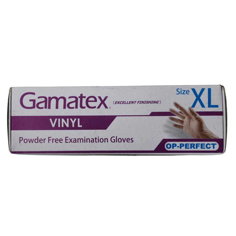 دستکش وینیل غیر پودری حریر مدل GAMATEX سایز خیلی بزرگ (XL) بسته 100 عددی
