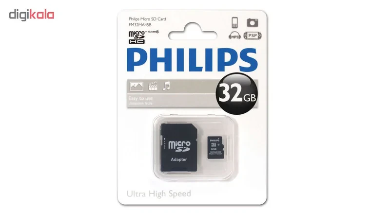 کارت حافظه‌ microSDHC فیلیپس مدل FM32MA45B کلاس 10 استاندارد U1 ظرفیت 32 گیگابایت به همراه آداپتور SD