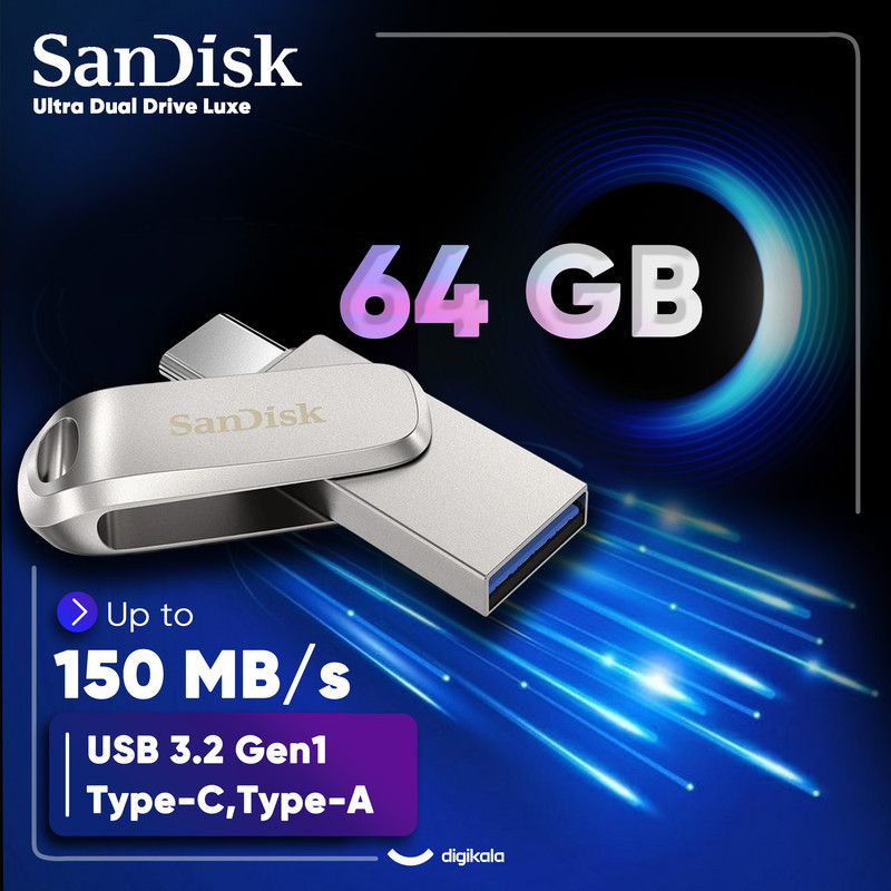 فلش مموری سن دیسک مدل Ultra Dual Drive Luxe ظرفیت 64 گیگابایت با دو رابط USB تایپ سی و USB 3.2 Gen1، بدنه فلزی چرخشی، سرعت انتقال 150 مگابایت بر ثانیه و سازگار با گوشی، تبلت، کامپیوتر و تلویزیون