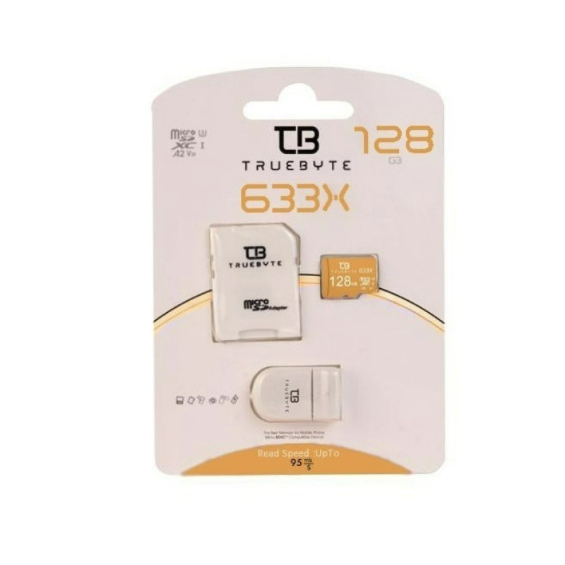 کارت حافظه microSDXC تروبایت مدل A2-V30-633X کلاس 10 استاندارد UHS-I U3 سرعت 95MBps ظرفیت 128گیگابایت به همراه کارت خوان