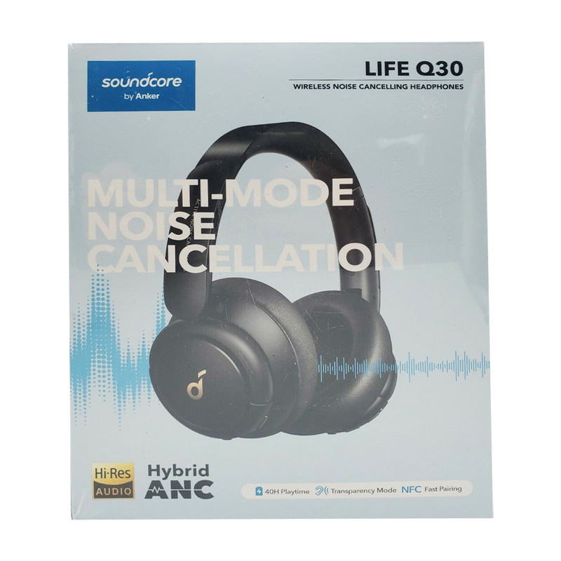 هدفون بلوتوثی انکر مدل SoundCore Life Q30 با نویز کنسلینگ فعال (ANC)، درگاه شارژ USB Type-C، دارای میکروفون دوگانه با حذف نویز، مجهز به فناوری Hi-Res Audio، دارای حالت Transparency برای شنیدن صدای محیط
