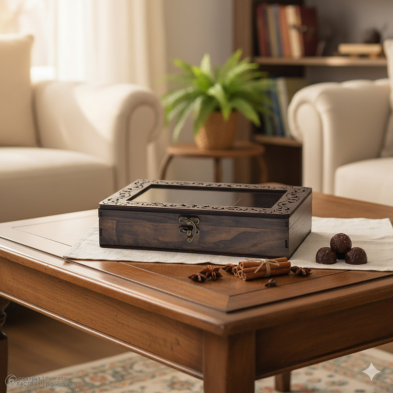 جعبه پذیرایی شکلات‌خوری مستطیل مدل نگاران کد 02 با جنس MDF و پلاستیک و درب شفاف، ابعاد 24.5x15.5x6 سانتی‌متر، غیرقابل شست‌وشو