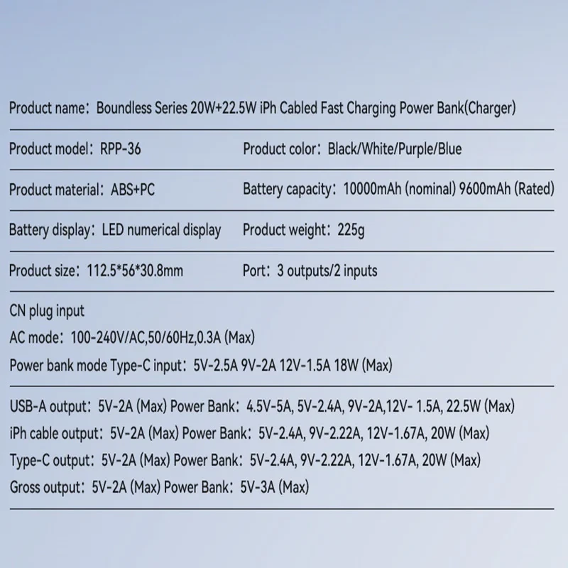 پاوربانک ریمکس مدل RPP-36-20W+22.5W-iPh Cabled ظرفیت 10000 میلی آمپرساعت
