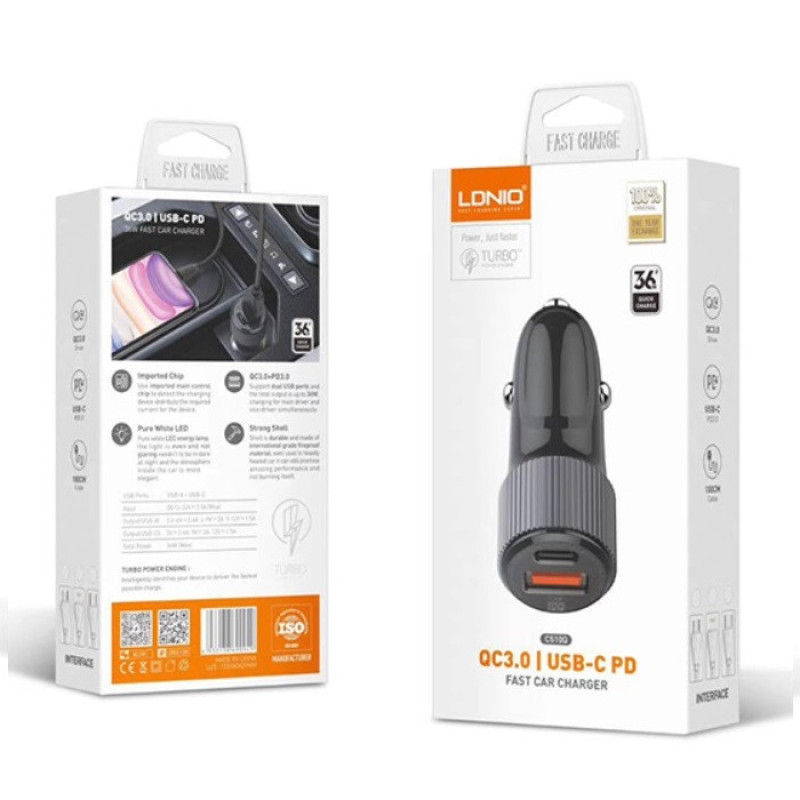 شارژر فندکی الدینیو مدل C510Q به همراه کابل تبدیل usb-C