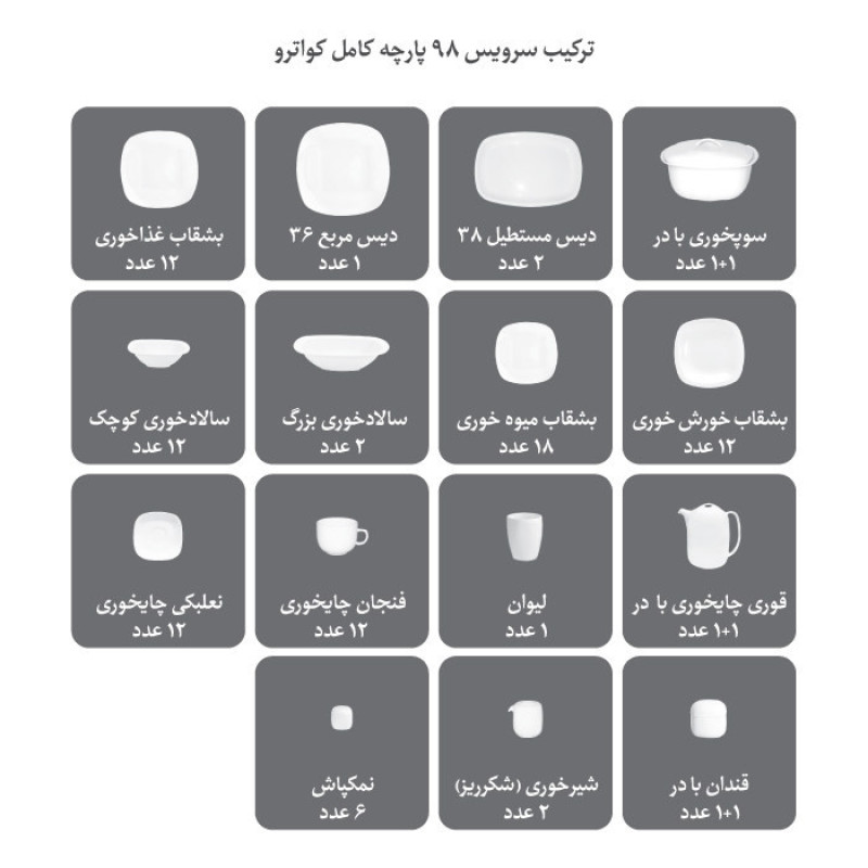 سرویس 98 پارچه غذاخوری چینی زرین ایران مدل کواترو