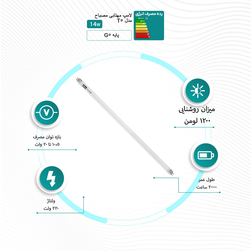 لامپ مهتابی 14 وات مصباح مدل T5-14W پایه G5 بسته 25 عددی