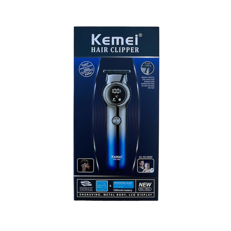 ماشین اصلاح موی صورت کیمی مدل KM-1852 با تیغه کربن استیل، قابلیت تنظیم سرعت، منبع تغذیه کابل USB، شارژ سریع 120 دقیقه و زمان استفاده 180 دقیقه، خط زن و حجم زن با سه شانه و نمایشگر LED میزان شارژ باتری