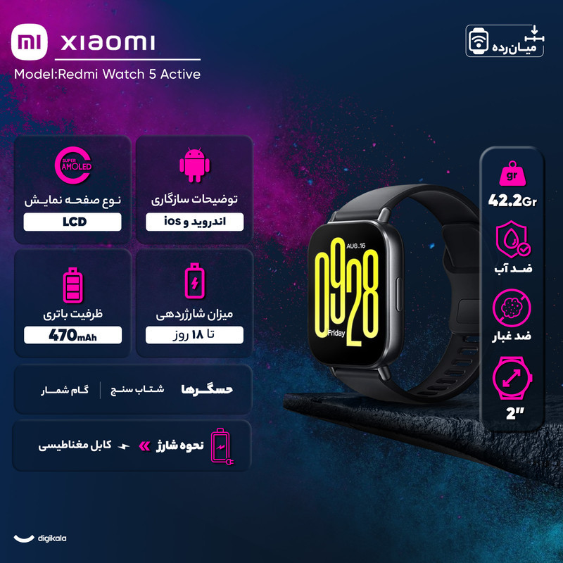ساعت هوشمند شیائومی مدل Redmi Watch 5 Active - Global دارای قابلیت های قابلیت مکالمه از طریق بلوتوث، قابلیت تغییر طرح ساعت یا تم بند پلاستیک