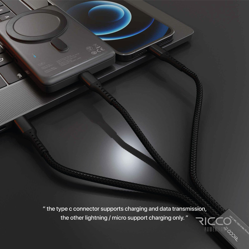 کابل تبدیل USB به لایتنینگ  MicroUSB  USB-C ریکو مدل پاورلینک طول 1.2 متر