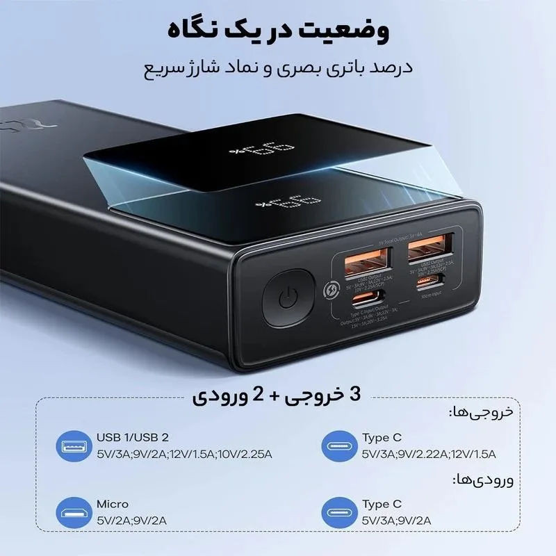 پاوربانک 30 وات بیسوس مدل PPXJ3030 ظرفیت 30000 میلی‌آمپرساعت