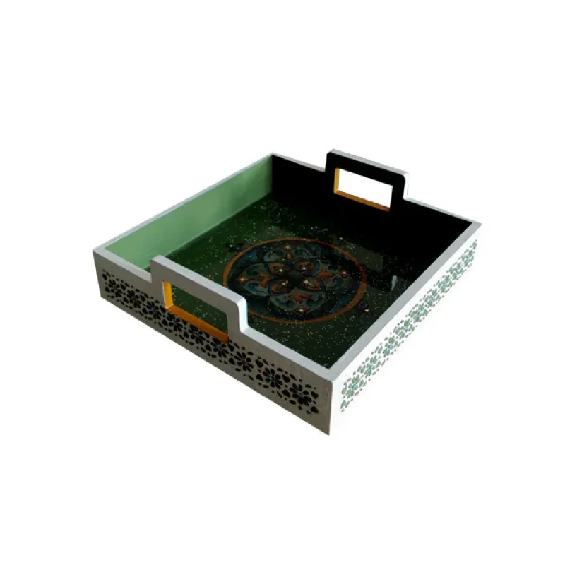 سینی دسته دار مدل چوبی رزین کد 00500 سایز 25*25 سانتی متر