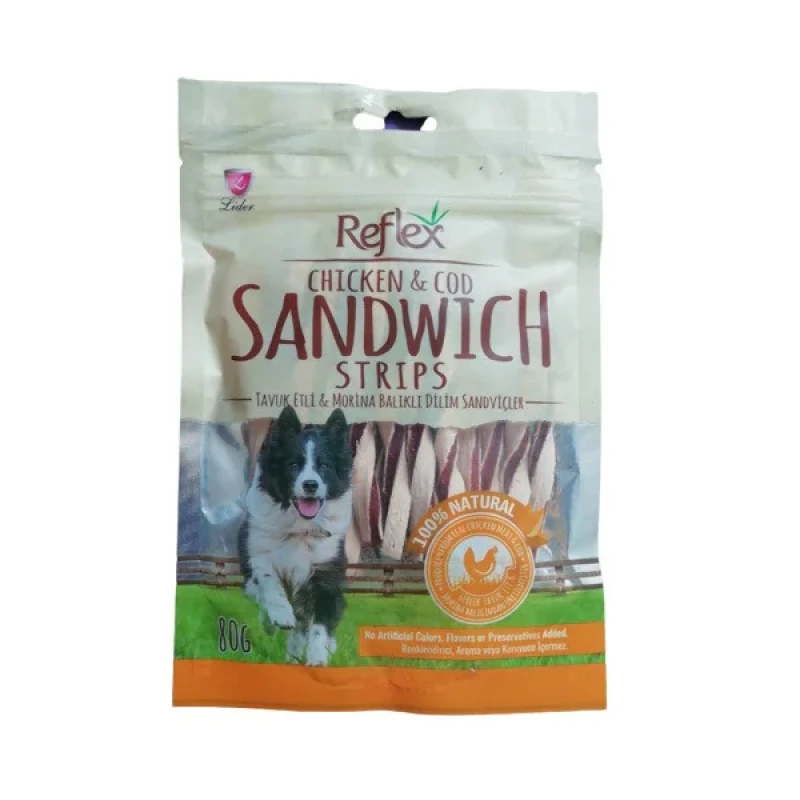 غذای تشویقی سگ رفلکس مدل  Chicken and Cod Sandwich Strips وزن 80 گرم