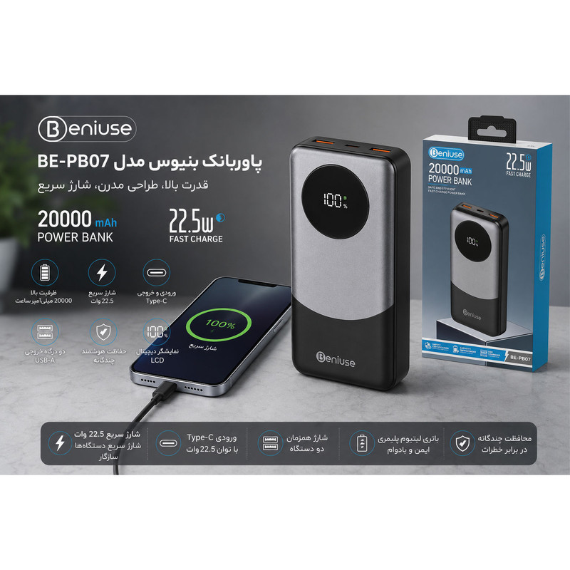 پاوربانک 22.5 وات بنیوس مدل BE-PB07 ظرفیت 20000 میلی‌آمپرساعت