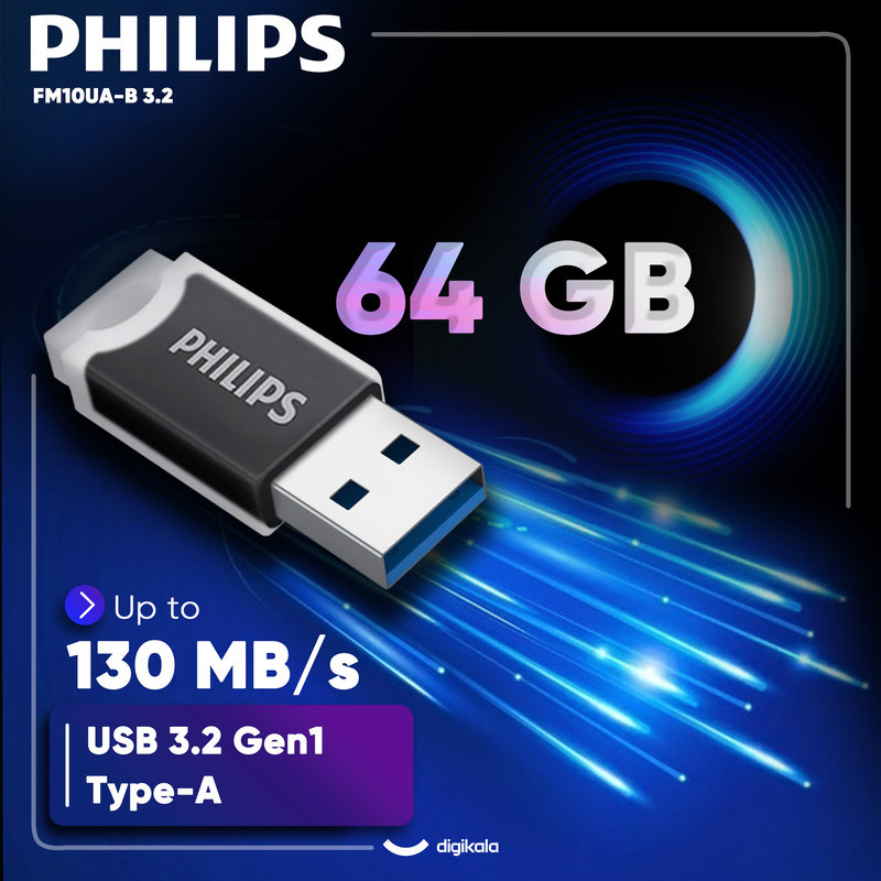 فلش مموری فیلیپس مدل FM10UA-B 3.2 ظرفیت 64 گیگابایت با رابط USB 3.2 Gen1، سرعت خواندن تا 130 مگابایت بر ثانیه، سازگار با ویندوز، مک و لینوکس، طراحی درپوش‌دار و مقاوم در برابر خش و اثر انگشت