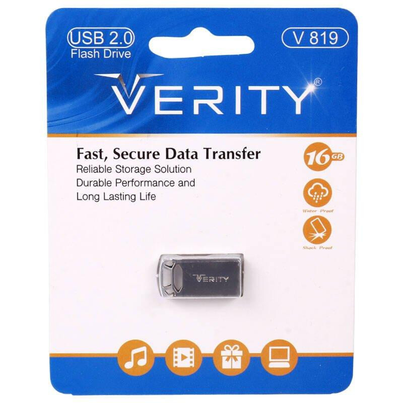 فلش مموری وریتی مدل V-819 ظرفیت 16 گیگابایت بند انگشتی با بدنه فلزی، رابط USB 2.0 و سرعت انتقال 30 مگابایت بر ثانیه، سازگار با کامپیوتر، لپ‌تاپ، موبایل، تبلت و تلویزیون