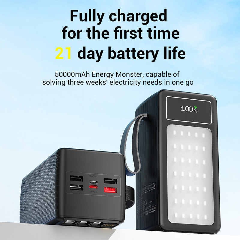 پاوربانک 22.5 وات پی زد ایکس مدل V89s PD Fast Charge ظرفیت 50000 میلی‌آمپرساعت به همراه چهار کابل متصل USB-A، USB-C، MicroUSB و لایتنینگ