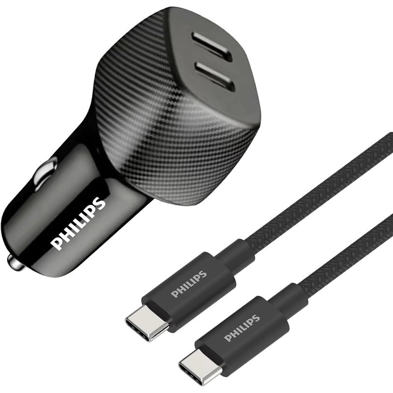 شارژر فندکی 30 وات 2 پورت فیلیپس مدل DLP5522C به همراه کابل تبدیل USB-C