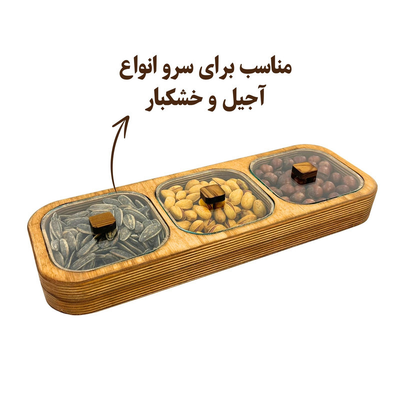 اردوخوری چوبی مدل OD183 ساخته شده از چوب وارداتی با پوشش صددرصد گیاهی، قابل شست‌وشو با دست، آبگریز و بهداشتی، مناسب سرو آجیل، تنقلات، میوه خشک، شکلات و پاستیل، ابعاد 35×13×4 سانتی‌متر، مناسب استفاده خانگی و رستوران