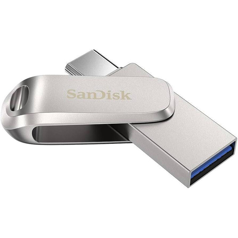 فلش مموری سن دیسک Ultra Dual Drive Luxe ظرفیت 256 گیگابایت با طراحی چرخشی، دو رابط USB Type-C و USB Type-A، استاندارد USB 3.2 Gen1، بدنه فلزی و سازگار با تبلت، گوشی، کامپیوتر و مک