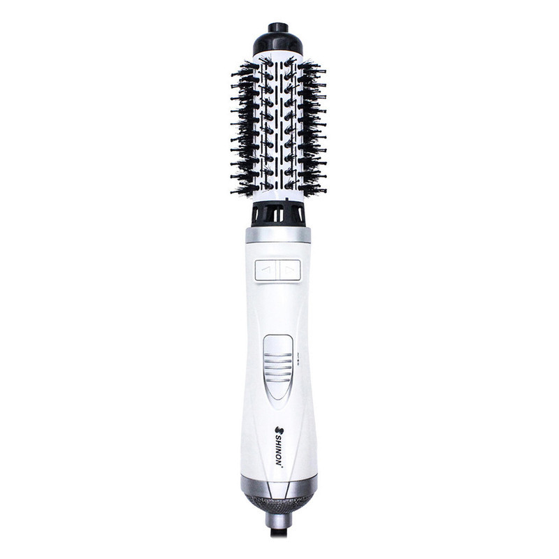 سشوار برس‌دار چرخشی 900 وات شینون مدل SH-8228، موتور AC، وزن 400 گرم، دارای سری برس‌دار گرد پهن با ویژگی صاف‌کنندگی، حجم‌دهندگی، با قابلیت تنظیم دما، سیم گردان