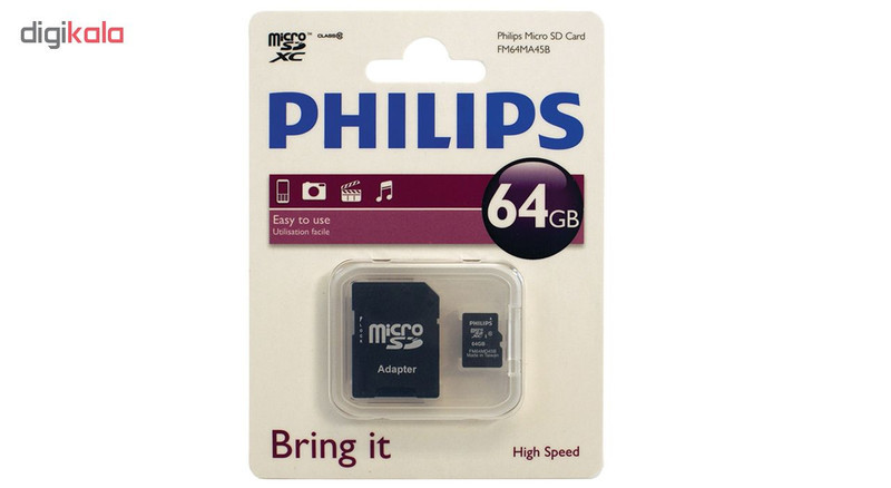 کارت حافظه‌ microSDXC فیلیپس مدل FM64MA45B کلاس 10 ظرفیت 64گیگابایت به همراه آداپتور SD