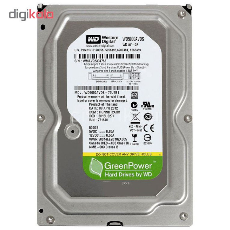 هارد دیسک اینترنال وسترن دیجیتال مدل WD-AV-GP WD5000AVDS ظرفیت 500 گیگابایت