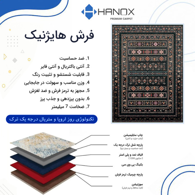 فرش ماشینی 1000 شانه هانوکس زمینه مشکی حاشیه چند رنگ مدل مدرن کد L283