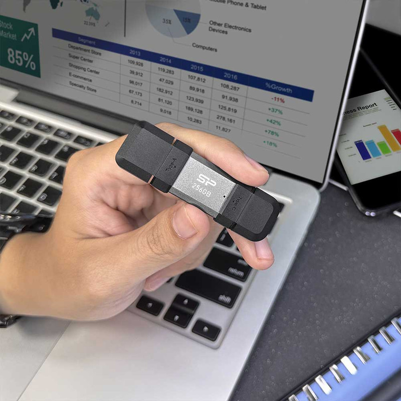 فلش مموری OTG سیلیکون پاور مدل C51 ظرفیت 128 گیگابایت با رابط USB3.2 Type-A و Type-C، مقاوم در برابر ضربه، شوک و گرد و غبار، مناسب تلفن همراه و لپ‌تاپ