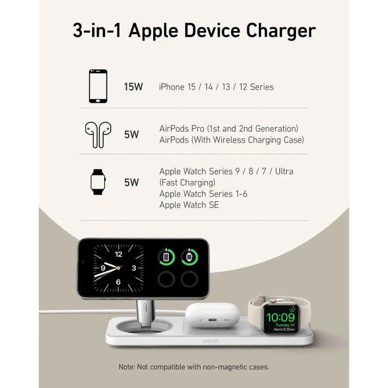شارژر رومیزی انکر مدل MagGo Wireless Charging به همراه شارژر دیواری 40 وات انکر و کابل USB-C به طول 1.5 متر