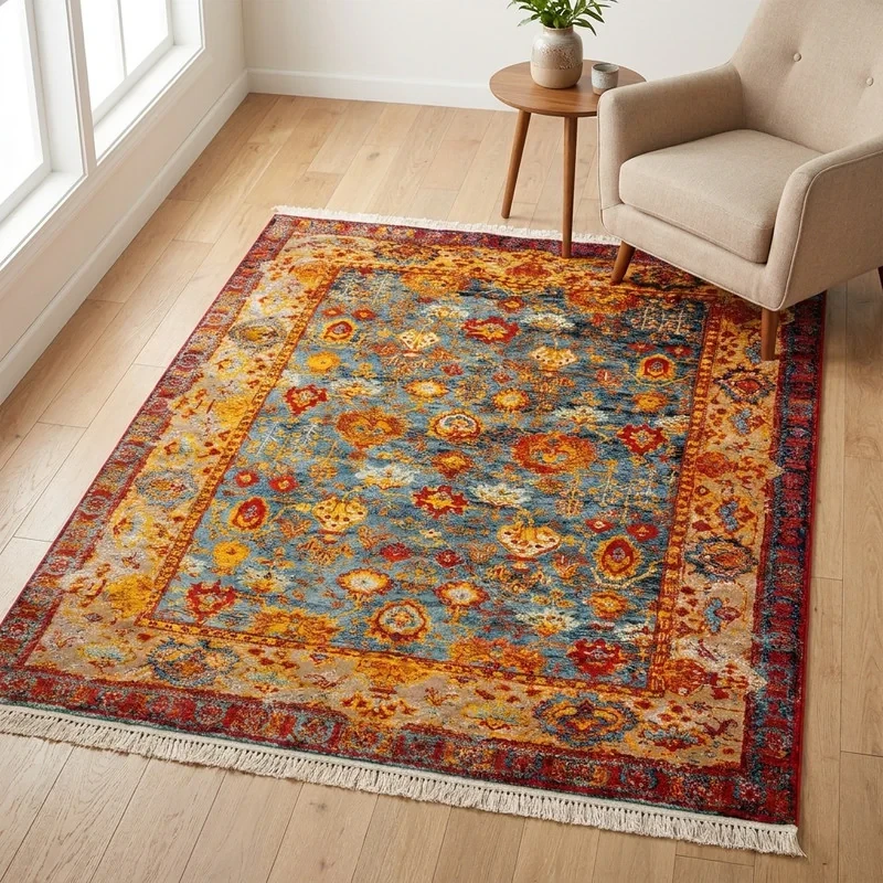 فرش ماشینی 700 شانه زمینه آبی حاشیه قرمز لاکی مدل شاهکار نوين کد N136