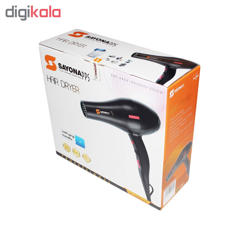 سشوار حرفه‌ای 2000 وات سايونا مدل SY-1300، موتور AC، وزن 700 گرم، دارای سری متمرکز‌کننده باریک، متمرکز‌کننده پهن با ویژگی صاف‌کنندگی، حجم‌دهندگی، با قابلیت باد سرد