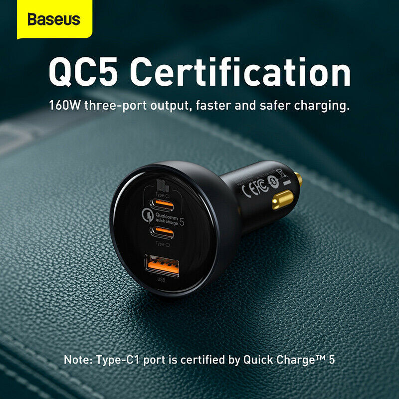 شارژر فندکی 160 وات باسئوس مدل TZCCZM-0G به همراه کابل USB-C