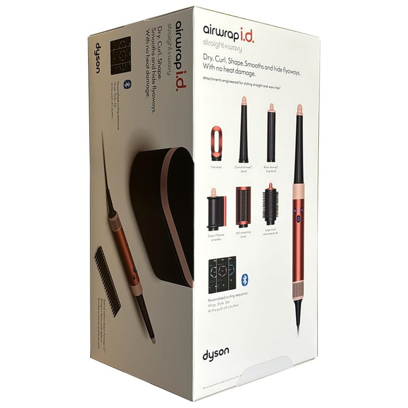 سشوار برس‌دار حالت‌دهنده 1300 وات دایسون مدل Airwrap id HS08، موتور AC، وزن 650 گرم، دارای سری شانه‌دار، سری برس‌دار گرد پهن، خشک‌کن ملایم با ویژگی فرکنندگی، صاف‌کنندگی، حجم‌دهندگی، با قابلیت فناوری تولید یون