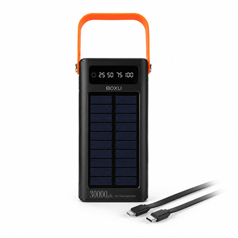 پاوربانک خورشیدی 66 وات بوکسو مدل PB-07 ظرفیت 30000 میلی‌آمپر ساعت به همراه 2 عدد کابل USB-C و Lightning