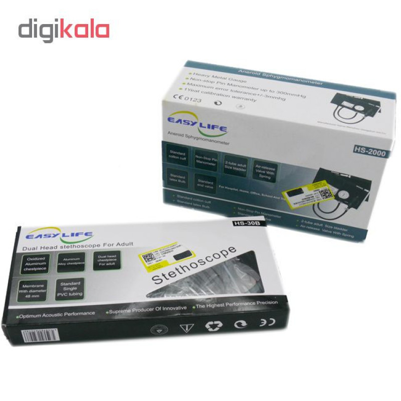 فشارسنج عقربه‌ای ایزی لایف مدل HS-2000 با نمایش میانگین نتایج، نشانگر طبقه‌بندی فشار خون، نمایش فشار ماکزیمم و مینیمم، تعداد ضربان قلب، قابلیت نمایش تاریخ و ساعت، بک‌لایت، خاموشی خودکار، به همراه گوشی طبی مدل HS-30B و کیف نگهدارنده